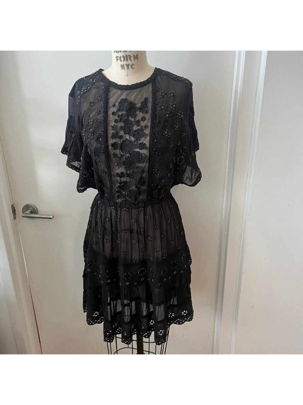 LOVE SAM  Black Beaded and Appliqué Romantic Tiered Mini Dress Size Small